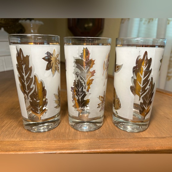 Set of 3 Vintage MCM Starlyte Gold Leaf-pattern Tumblers 12oz capacity 5.5"tall - Picture 1 of 6